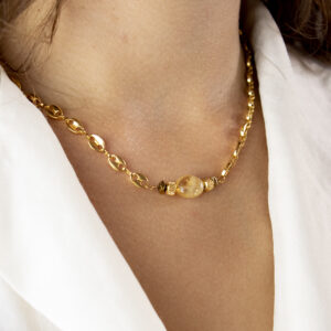 Collier en chaine maille grain de café en acier inoxydable doré et perle de Citrine