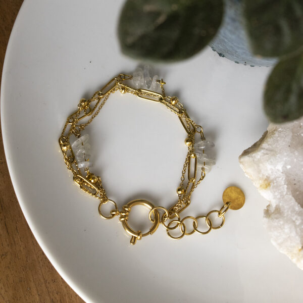 Bracelet en chaines mailles trombones et forçats en acier inoxydable avec fermoir bouée et perles de labradorite