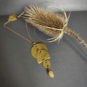 Pendentif en forme de lune en laiton martelé et perle de citrine à côté d'un chardon séché
