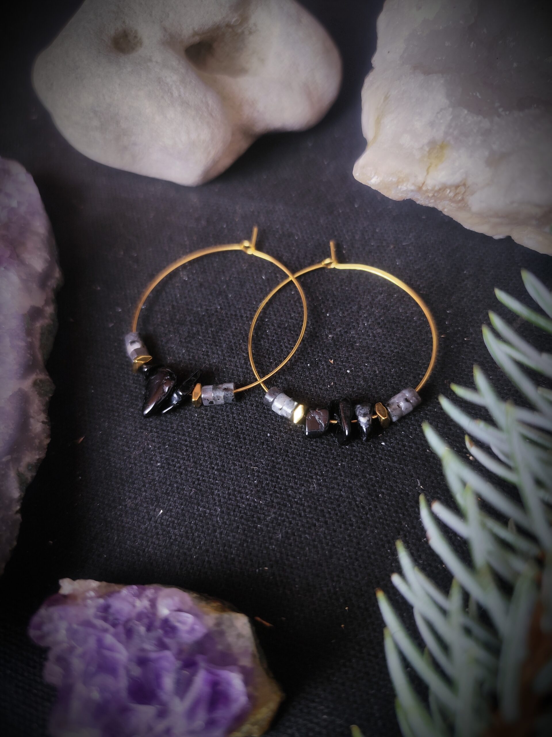 Boucles d'oreilles Mokosz - Larvikite et Agate noire
