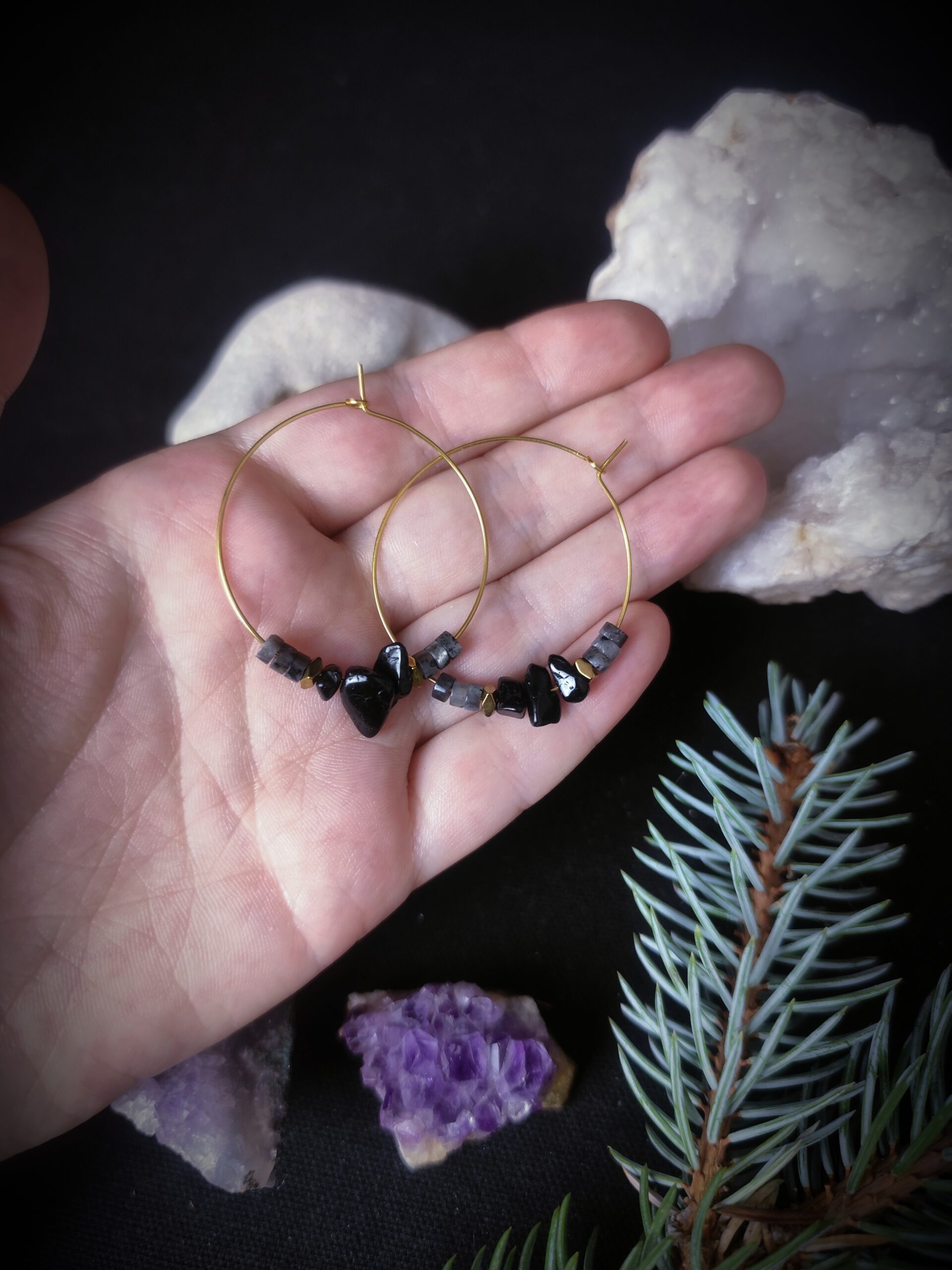 Boucles d'oreilles Mokosz - Larvikite et Agate noire – Image 2