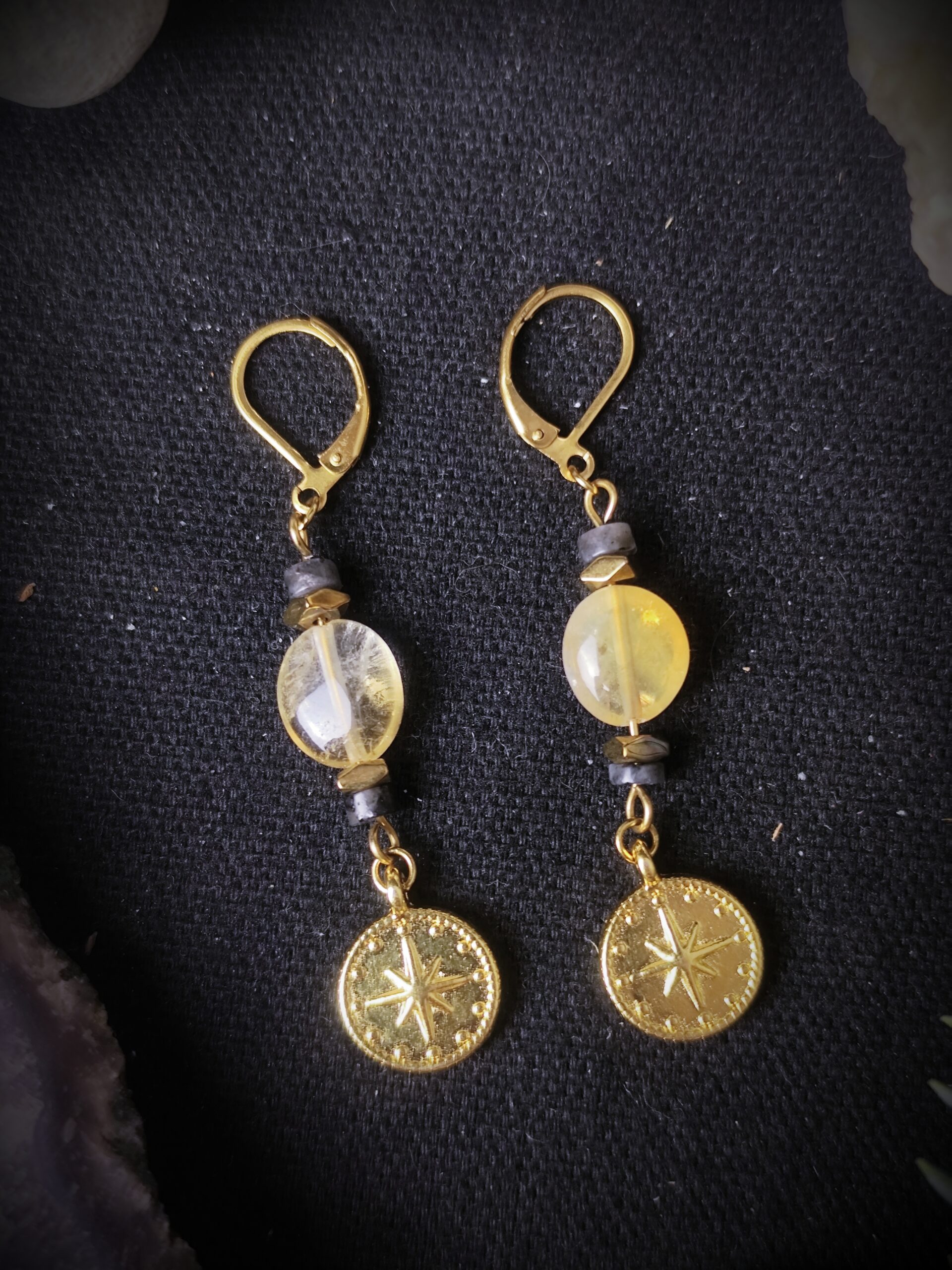 Boucles d'oreilles Nord Astral - Citrine et Larvikite