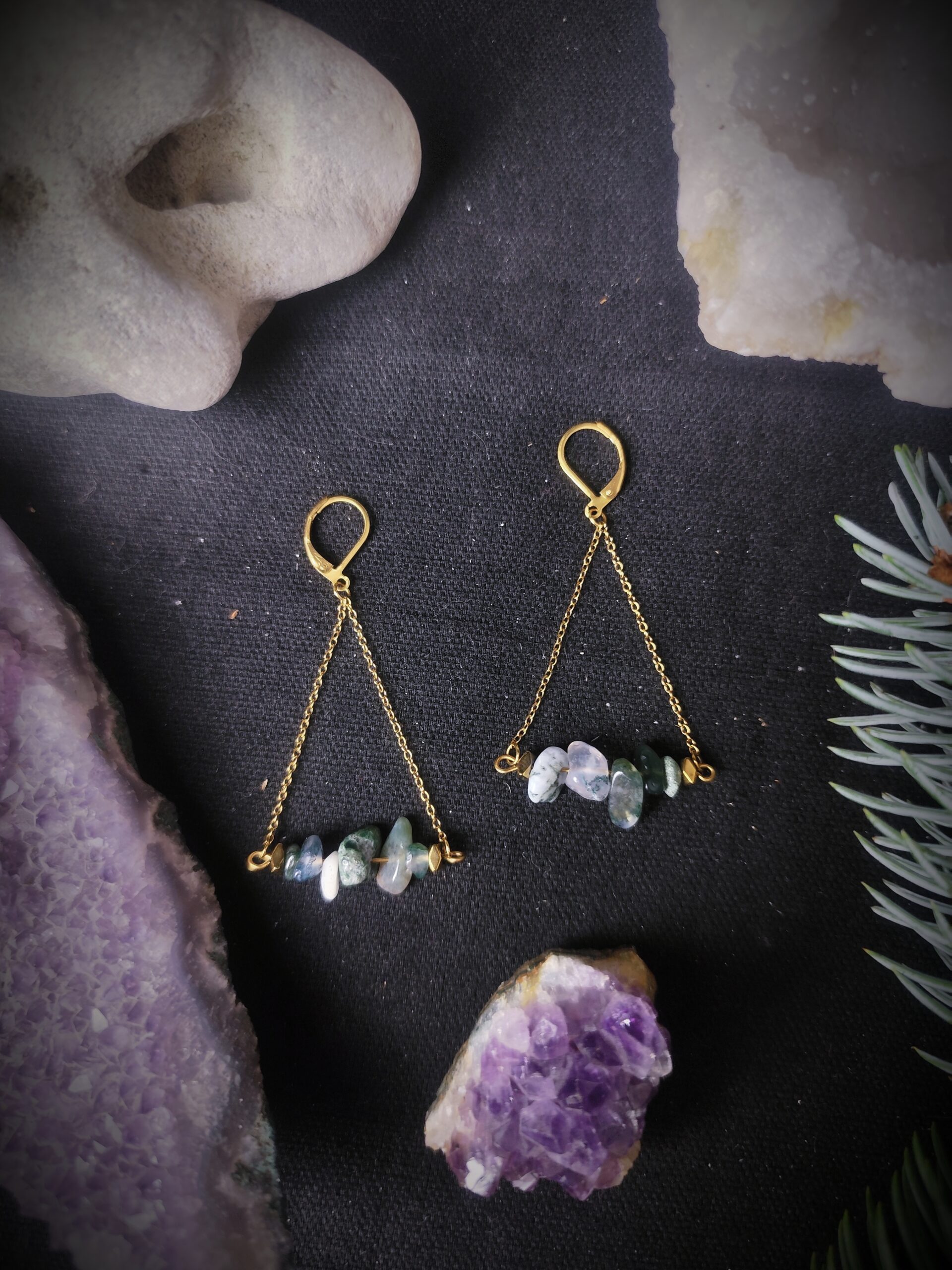 Boucles d'oreilles Racine - Agate Mousse