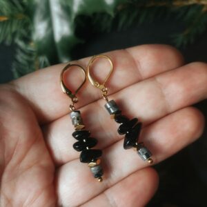 Boucles d'oreilles Les Larmes des Vents - Larvikite et Agate Noire