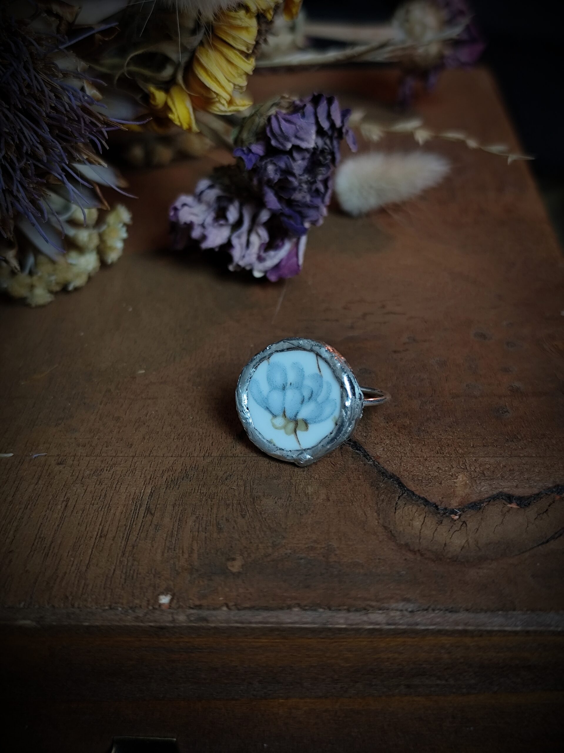 Bague réglable fleurie bleue - Collection "Fleurs Sauvées"